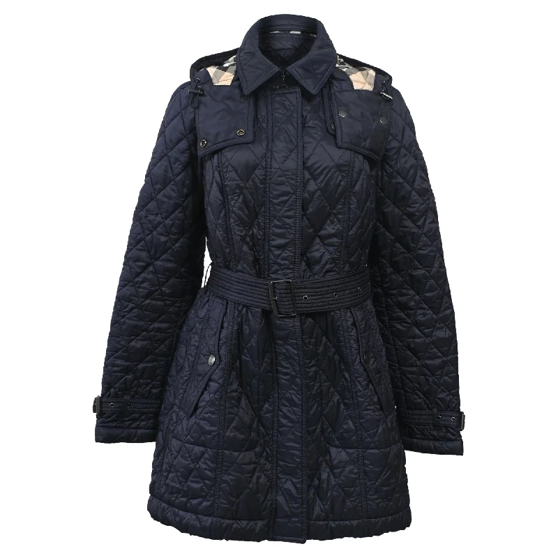 Ruffled SweatshirtsBurberry Belted Hooded Down Coat in Navy Blue Nylon