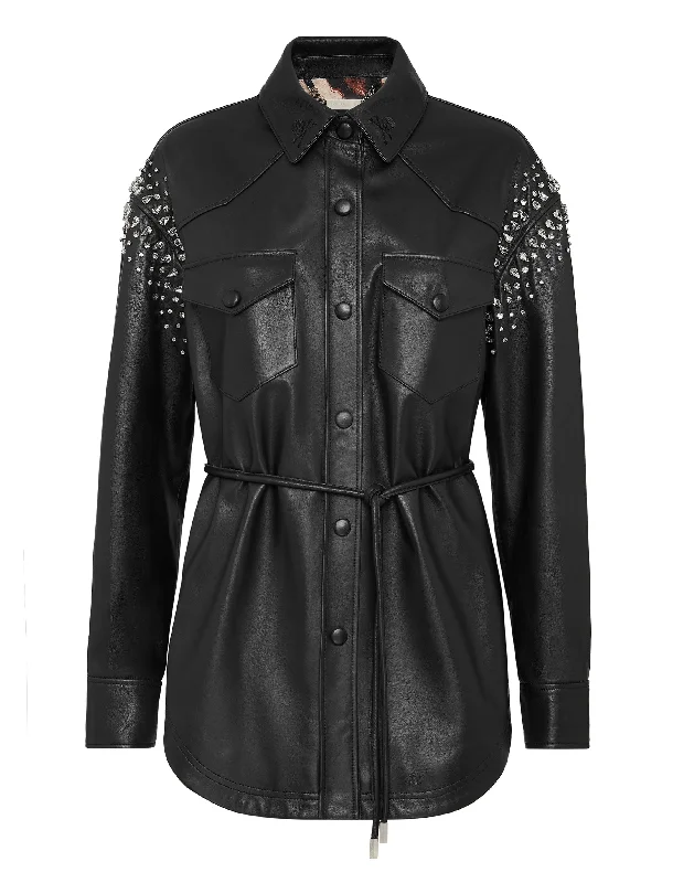 Leather Shirt Dress with Crystals