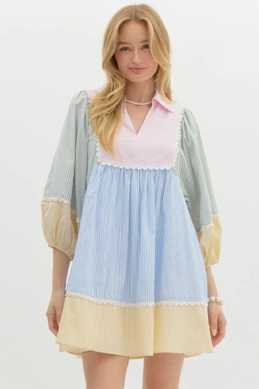 Striped Colorblock ¾ Lantern Sleeve Babydoll Pullover Mini Dress