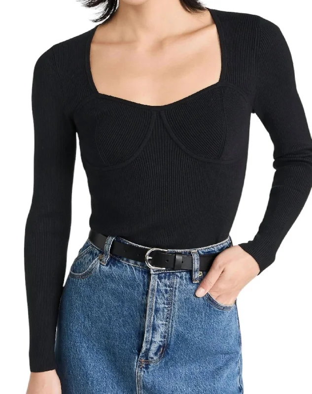 Scoop Neck Knit TopsRibbed Sweetheart Neckline Top In Black