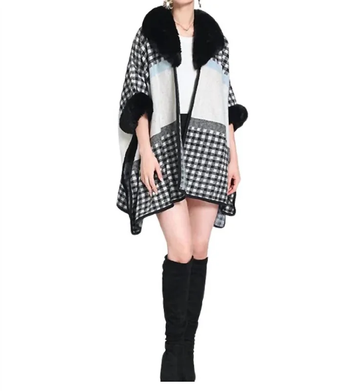 Velvet Knit TopsPlaid Faux Fur Trim Poncho In Black/white