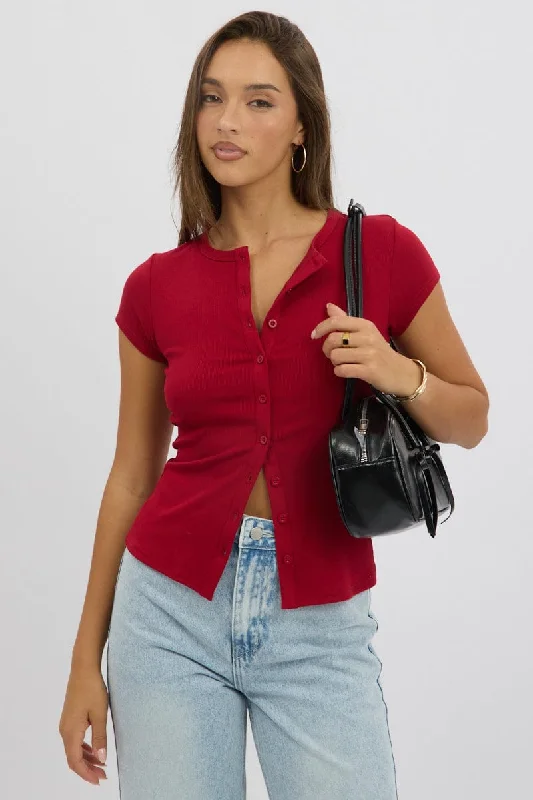 Red Button Front Top Short SleeveRelaxed Fit Short Sleeve TopsRelaxed Fit Short Sleeve Tops