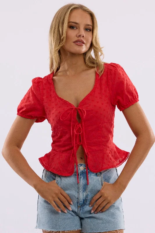 Red Tie Up Top Short Sleeve EyeletEmbroidered Short Sleeve TopsEmbroidered Short Sleeve Tops