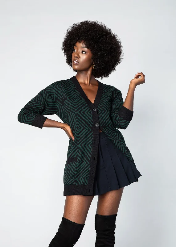 Mansa Women's African Print Oversized Cardigan (Malachite Diamond Adire)Vintage cardigan