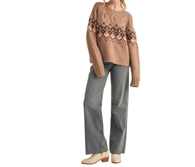 Bamboo Knit TopsCable Knit Fair Isle Sweater In Brown