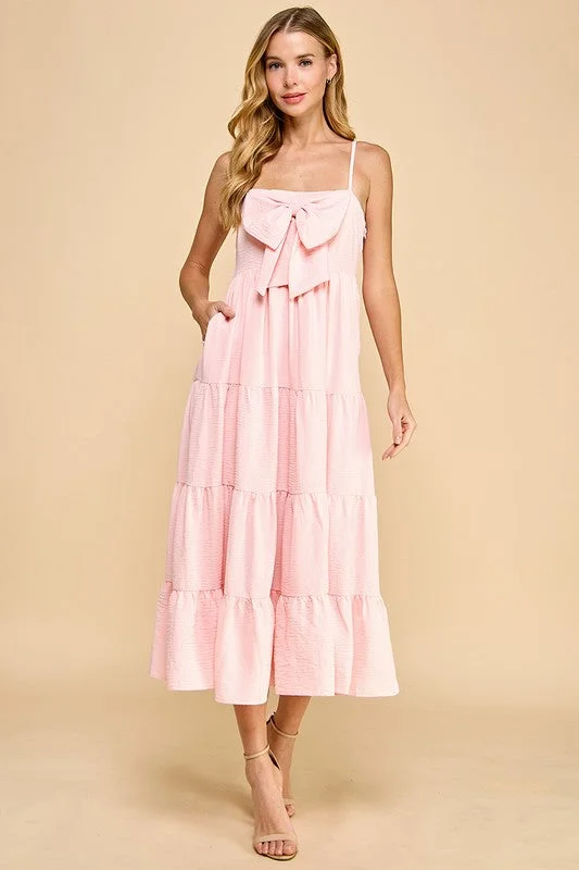 Tiered Front Bow Accent Midi Dress