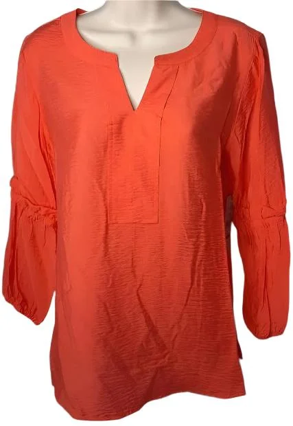 Women's 3/4 Bell Sleeve Band Collar Top-Coral