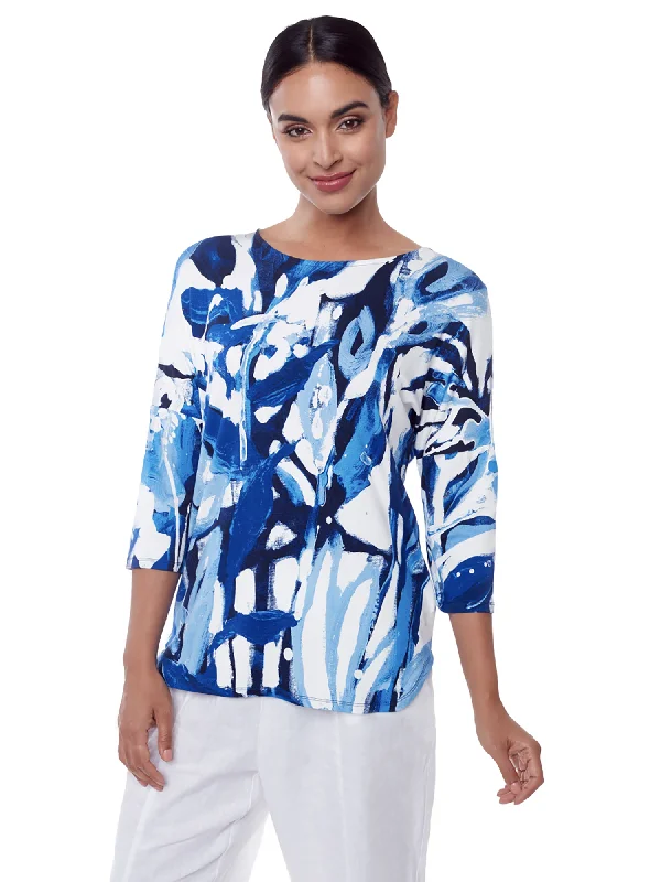 Claire Desjardins Blue And White At Liberty In the Garden 3/4 Length Dolman Sleeve Top