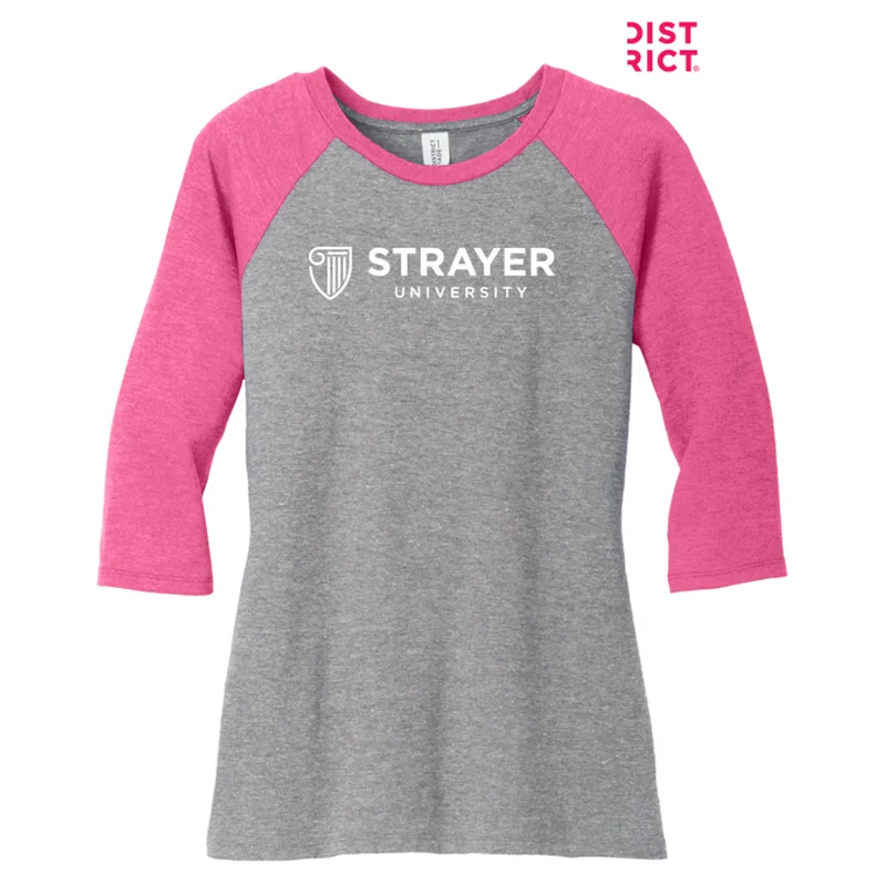 NEW STRAYER District ® Women’s Perfect Tri ® 3/4-Sleeve Raglan - Fuchsia Frost/ Grey Frost