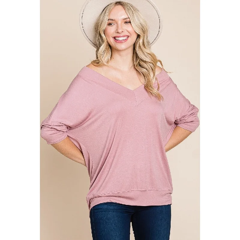 Soft Solid Rib Modal Top with 3/4 Dolman Sleeves Casual & Comfortable Style