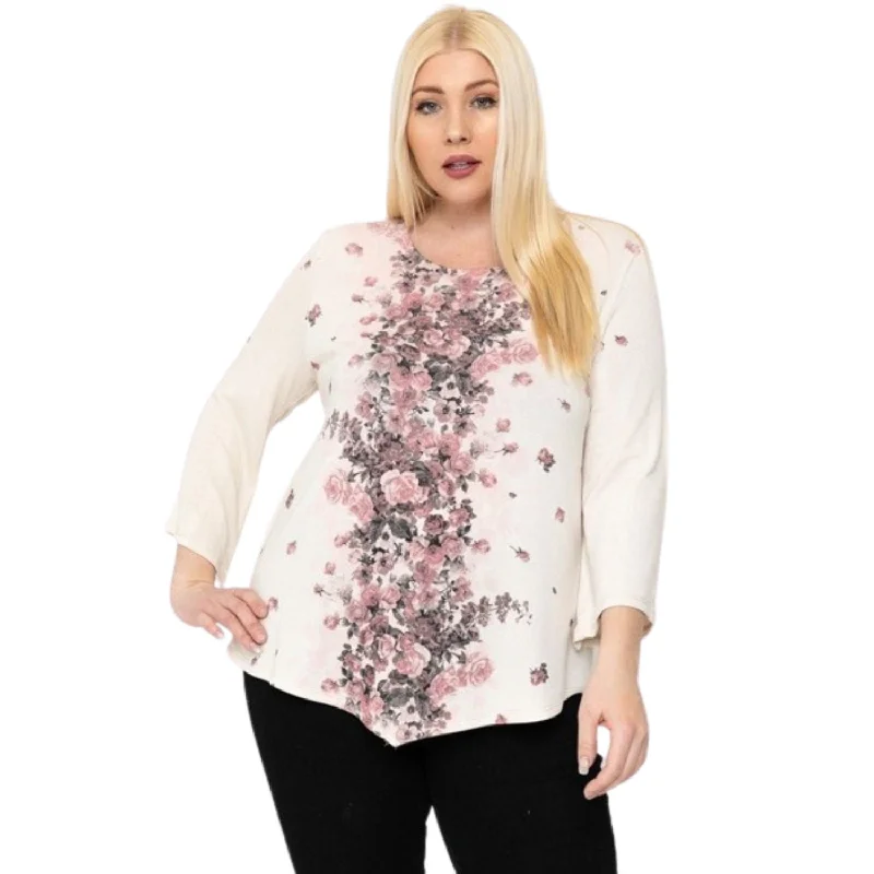 Print Top Featuring A Round Neckline And 3/4 Bell Sleeves