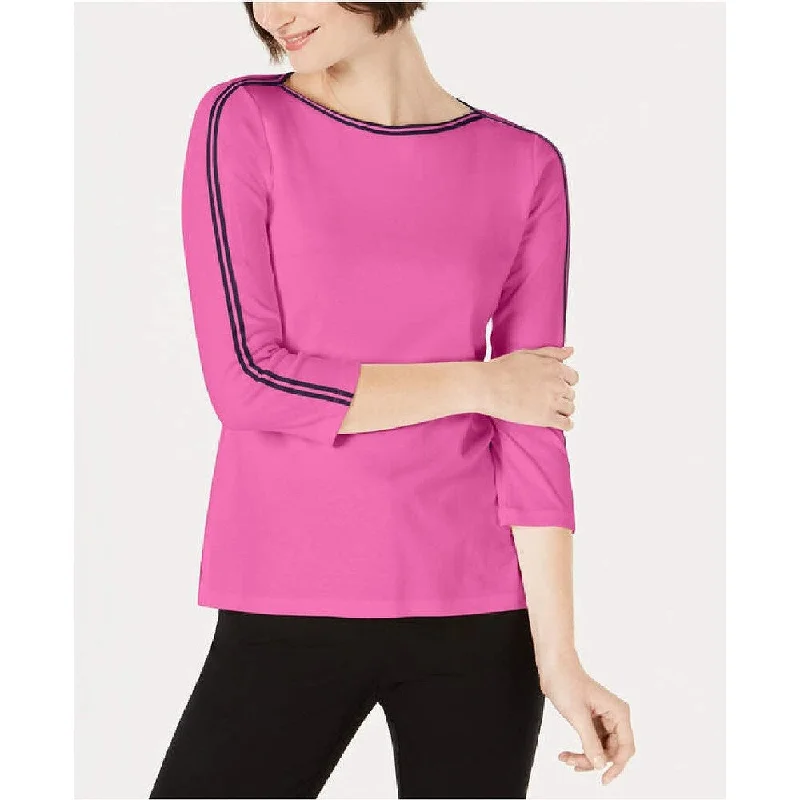 Charter Club Women's Cotton Contrast-Stripe 3/4-Sleeve Top Pink Size Small