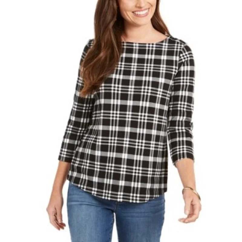 Charter Club Women's Cotton Plaid 3/4-Sleeve Top Black Size Small