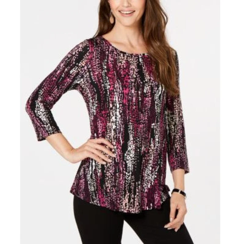 JM Collection Women's Petite 3/4-Sleeve Printed Top Cave Lights Size Large - Black