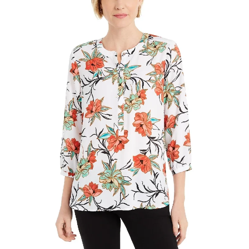 JM Collection Women's Printed 3/4-Sleeve Top White Size Small