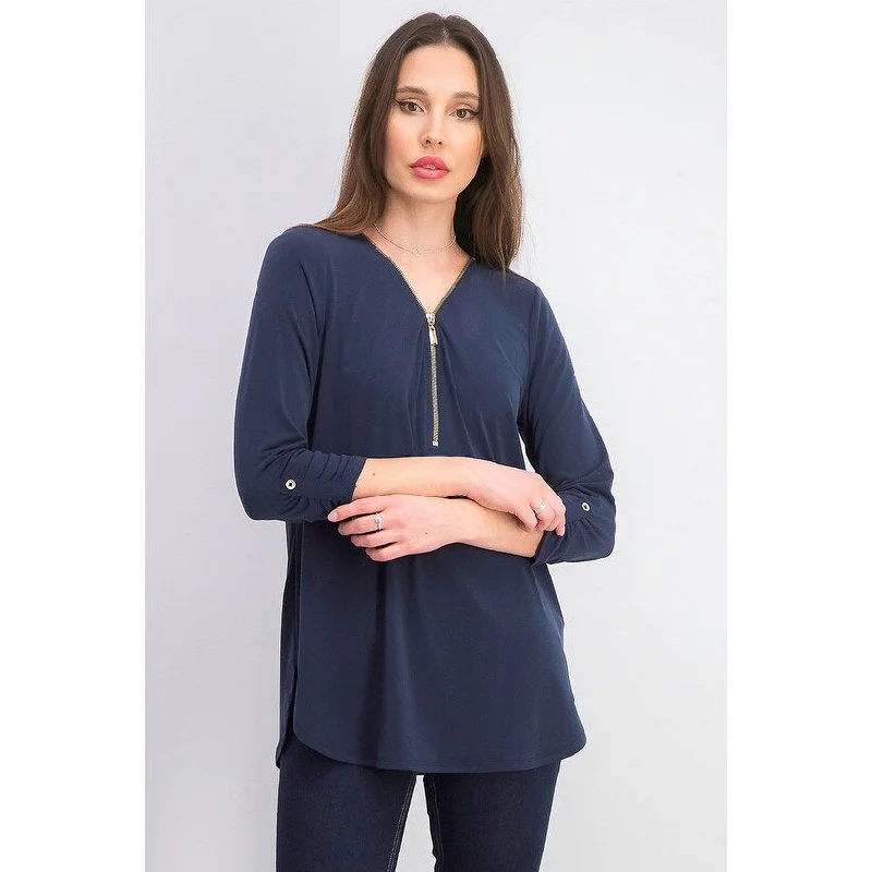 JM Collection Women's Zipper-Trim 3/4-Sleeve Top Dark Blue Size X-Large