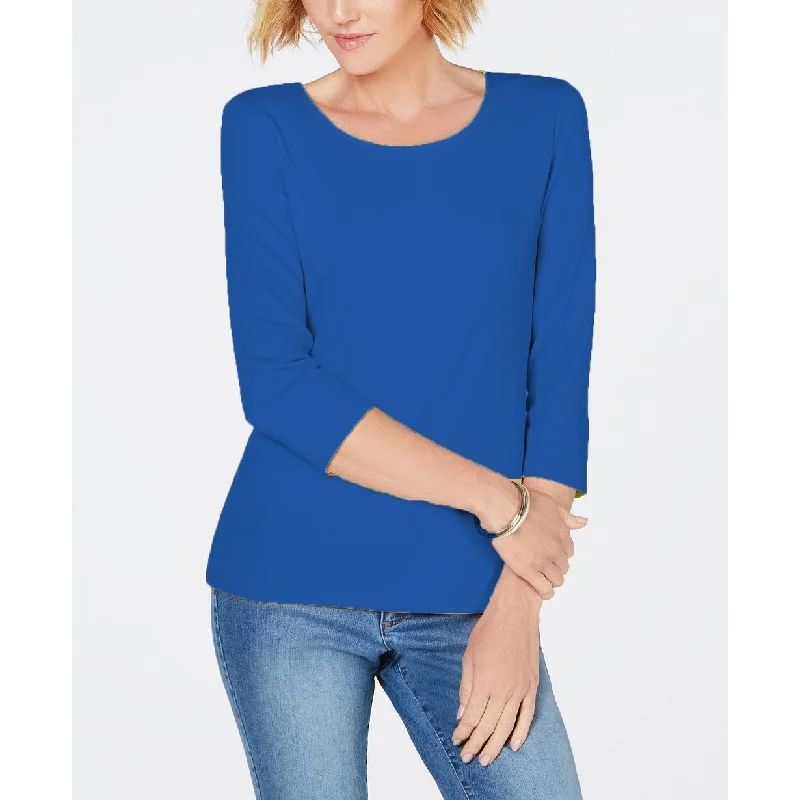 Karen Scott Women's Cotton 3/4-Sleeve Top Blue Size Small