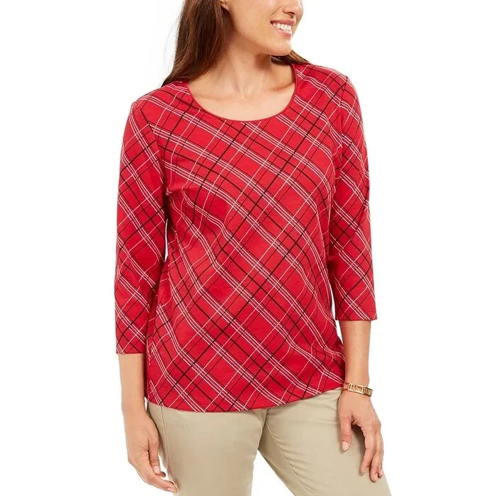 Karen Scott Women's Embellished Plaid 3/4-Sleeve Top Bright Red Size Medium