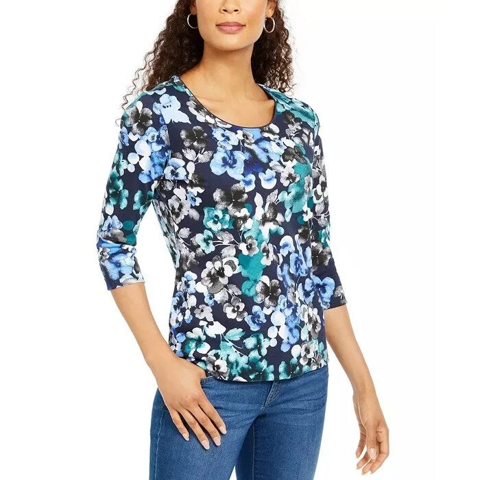 Karen Scott Women's Petite Printed 3/4-Sleeve Top Dark Blue Size 44