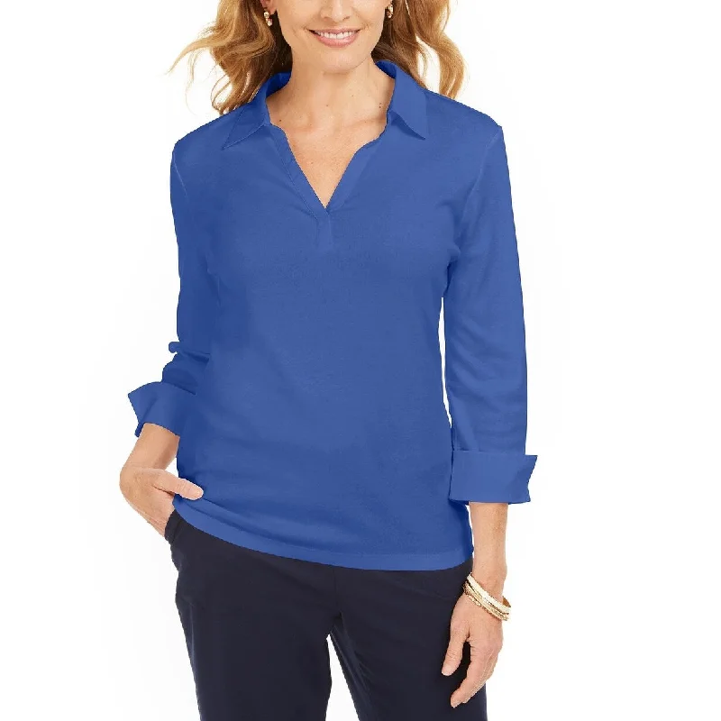 Karen Scott Women's Point-Collar 3/4-Sleeve Top Blue Size Small