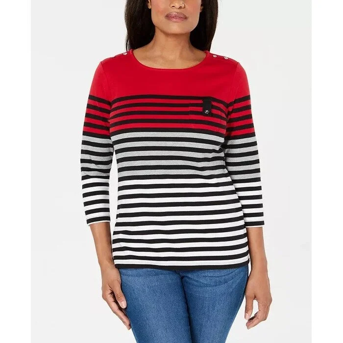 Karen Scott Women's Sport Striped 3/4-Sleeve Top Bright Red Size Large