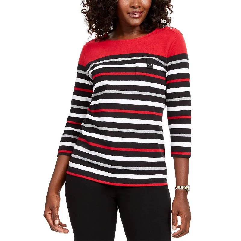 Karen Scott Women's Sport Striped 3/4-Sleeve Top Bright Red Size Large