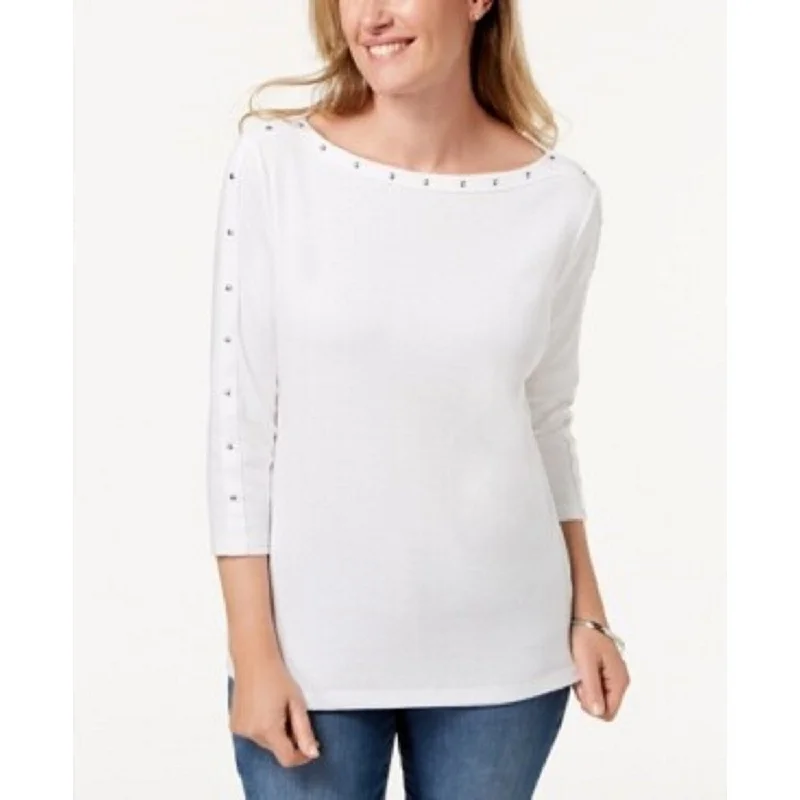 Karen Scott Women's Studded 3/4-Sleeve Top White Size XX Large - XX-Large