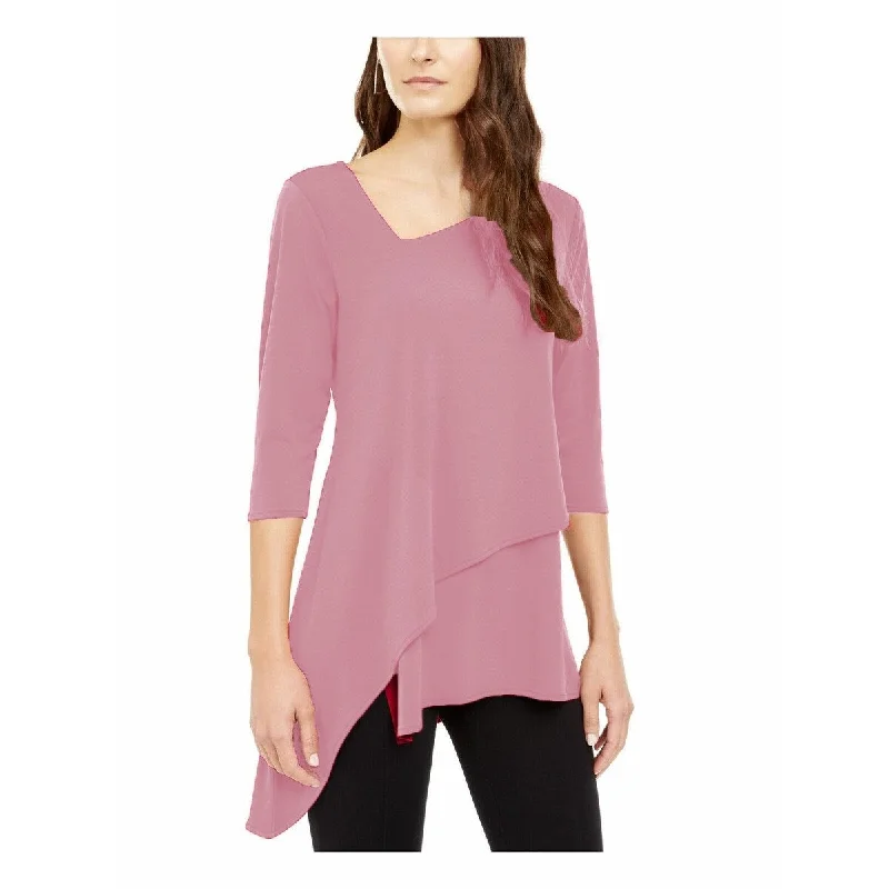 Alfani Women's Asymmetrical-Hem 3/4-Sleeve Top Pink Size Medium