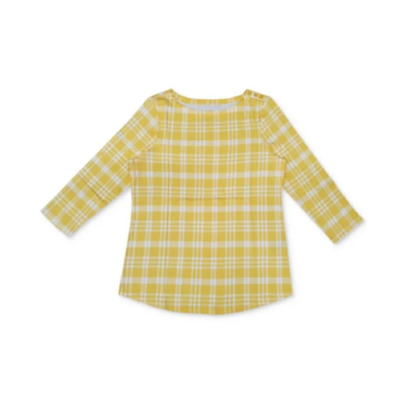 Charter Club Women's Cotton Plaid 3/4-Sleeve Top Yellow Size Small