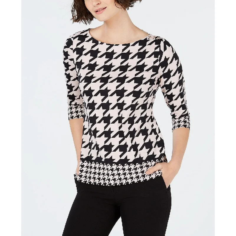 Charter Club Women's Houndstooth 3/4-Sleeve Top Pink Size Extra Small