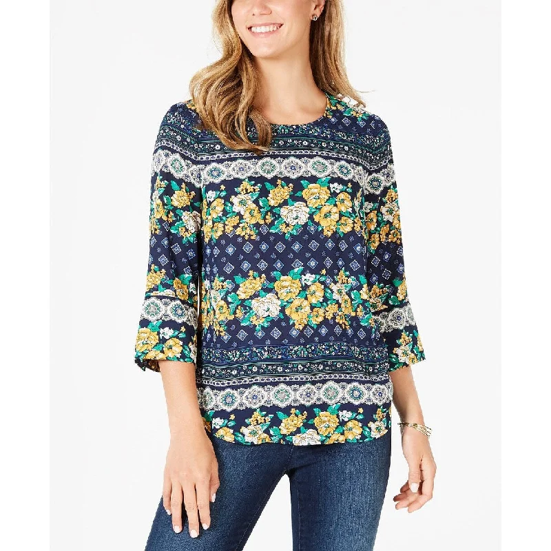 Charter Club Women's Petite 3/4-Sleeve Printed Top Blue Size Small