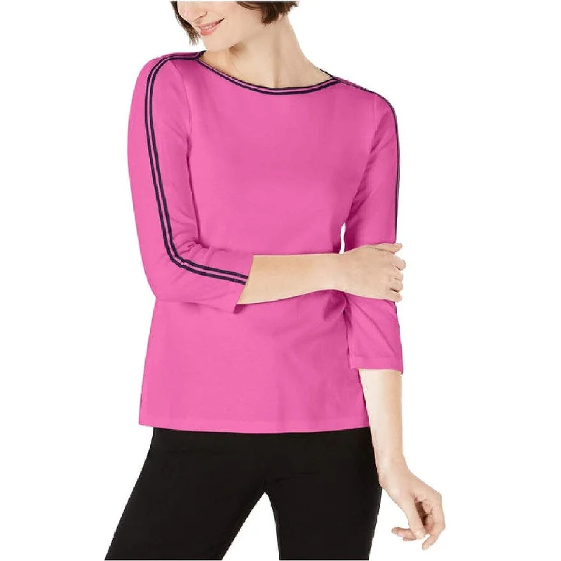 Charter Club Women's Petite Contrast-Stripe 3/4-Sleeve Top Pink Size Extra Large - X-Large