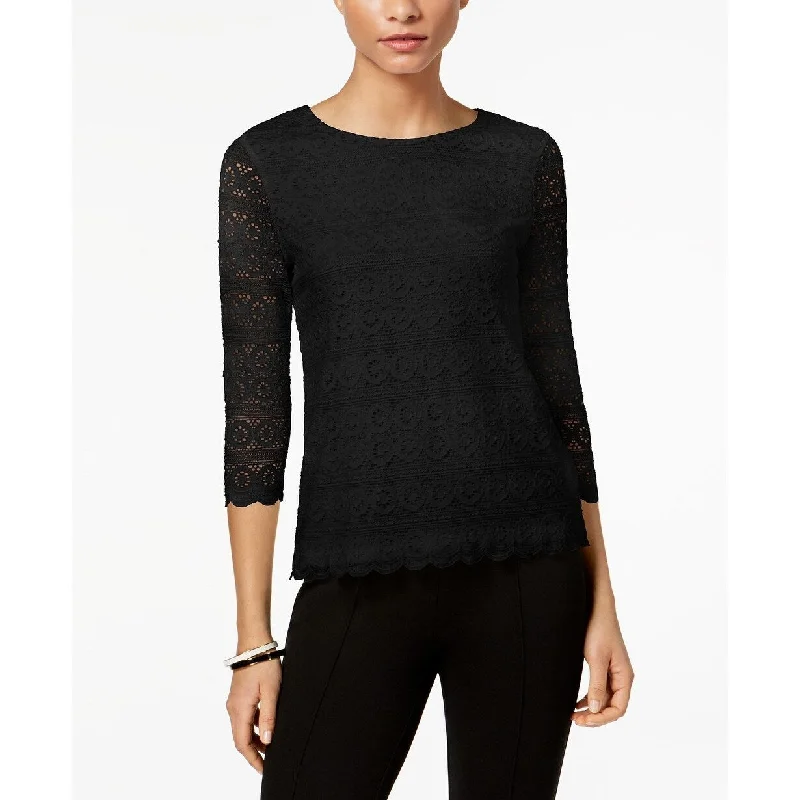 Charter Club Women's Petite Lace 3/4-Sleeve Top Black Size Large