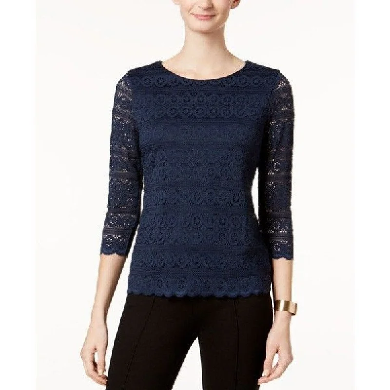 Charter Club Women's Petite Lace 3/4-Sleeve Top Navy Size Petite - P/P