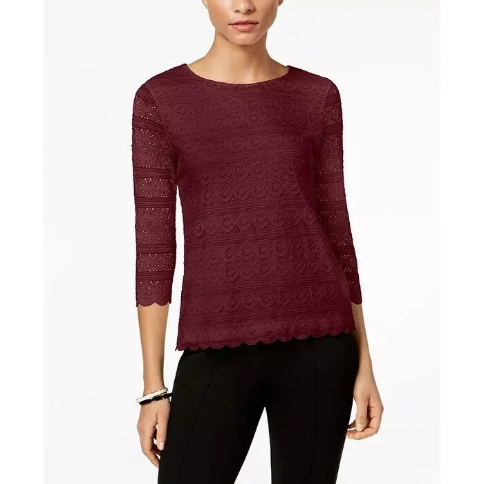 Charter Club Women's Petite Lace 3/4-Sleeve Top Wine Size 44