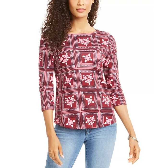 Charter Club Women's Printed 3/4-Sleeve Cotton Top Red Size Petite Medium - Petite Medium