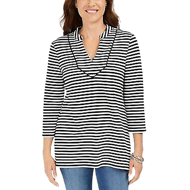 Charter Club Women's Striped 3/4-Sleeve Top Black Size Extra Large