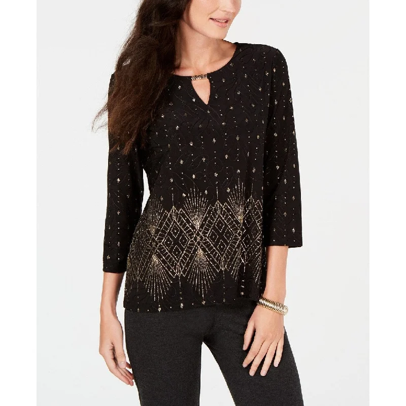 JM Collection Women's Metallic 3/4-Sleeve Keyhole Top Black Size Extra Small - X-Small