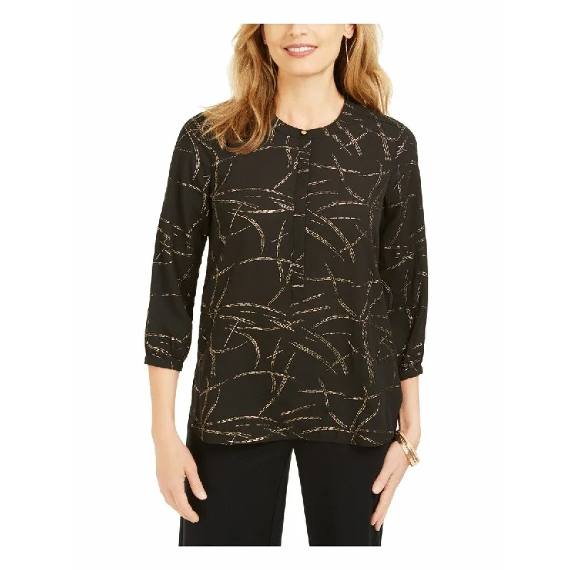 JM Collection Women's Petite Printed 3/4-Sleeve Top Black Size Petite