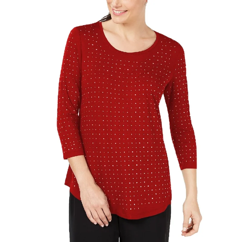 JM Collection Women's Studded 3/4-Sleeve Top Red Size Small