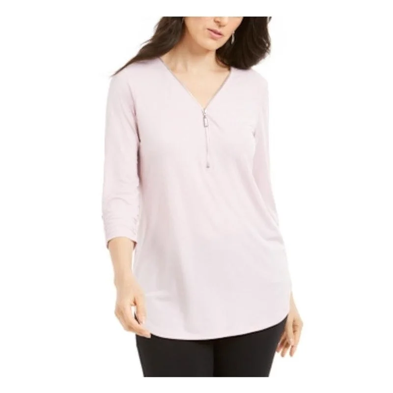 JM Collection Women's Zipper-Trim 3/4-Sleeve Top Pink Size Extra Large