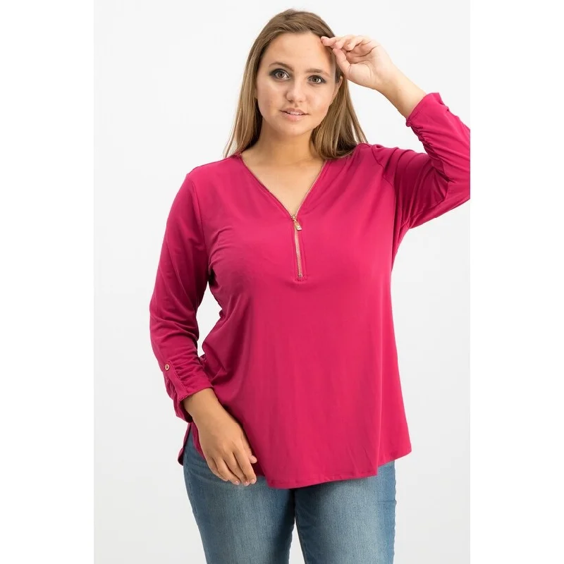 JM Women's Collection Zipper-Trim 3/4-Sleeve Top Pink Size Medium