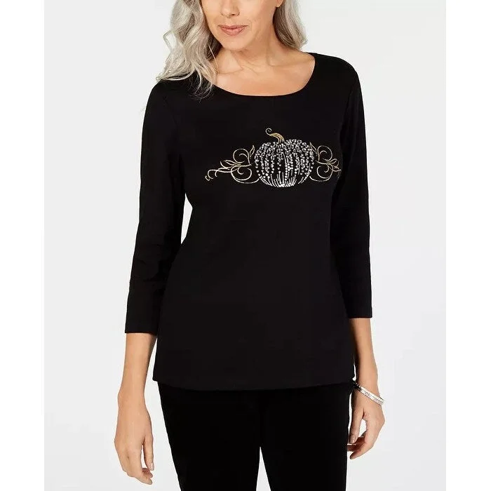 Karen Scott Women's 3/4-Sleeve Embellished Cotton Top Black Size M - Medium