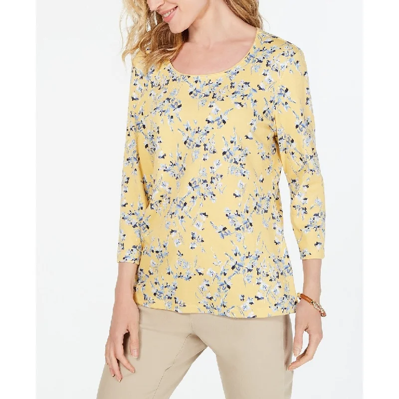 Karen Scott Women's 3/4-Sleeve Floral-Print Top Yellow Size Petite Small