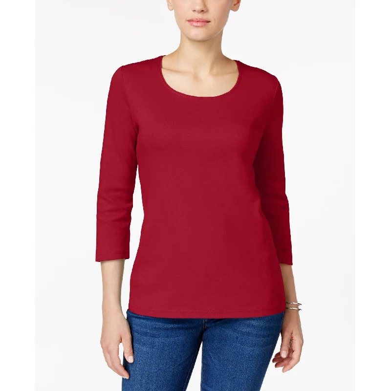 Karen Scott Women's Cotton Scoop-Neck 3/4-Sleeve Top Red Size Small