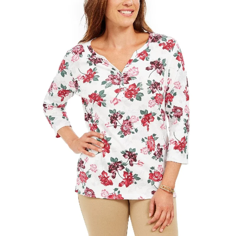 Karen Scott Women's Floral-Print 3/4-Sleeve Henley Top White Size S - Small