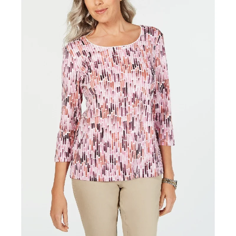 Karen Scott Women's Printed 3/4-Sleeve Top Autumn Berry Size Petite Large