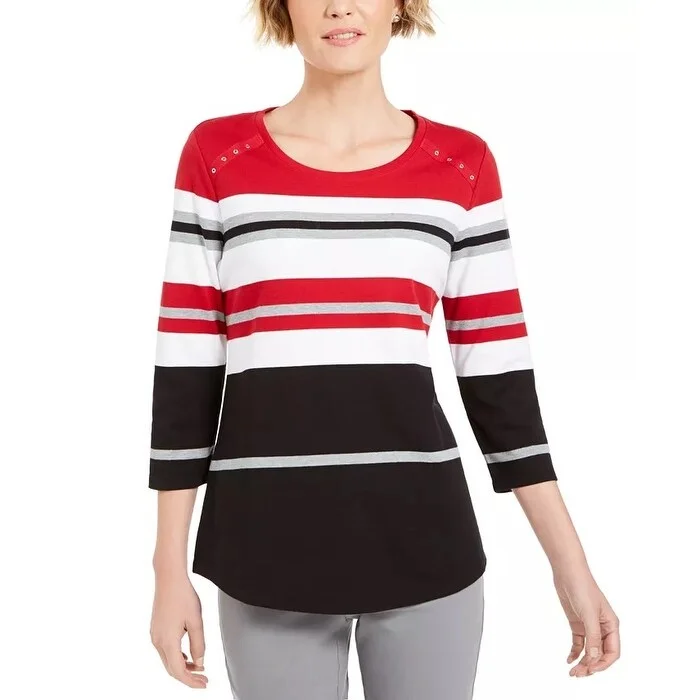 Karen Scott Women's Sport Striped 3/4-Sleeve Top Bright Red Size Large