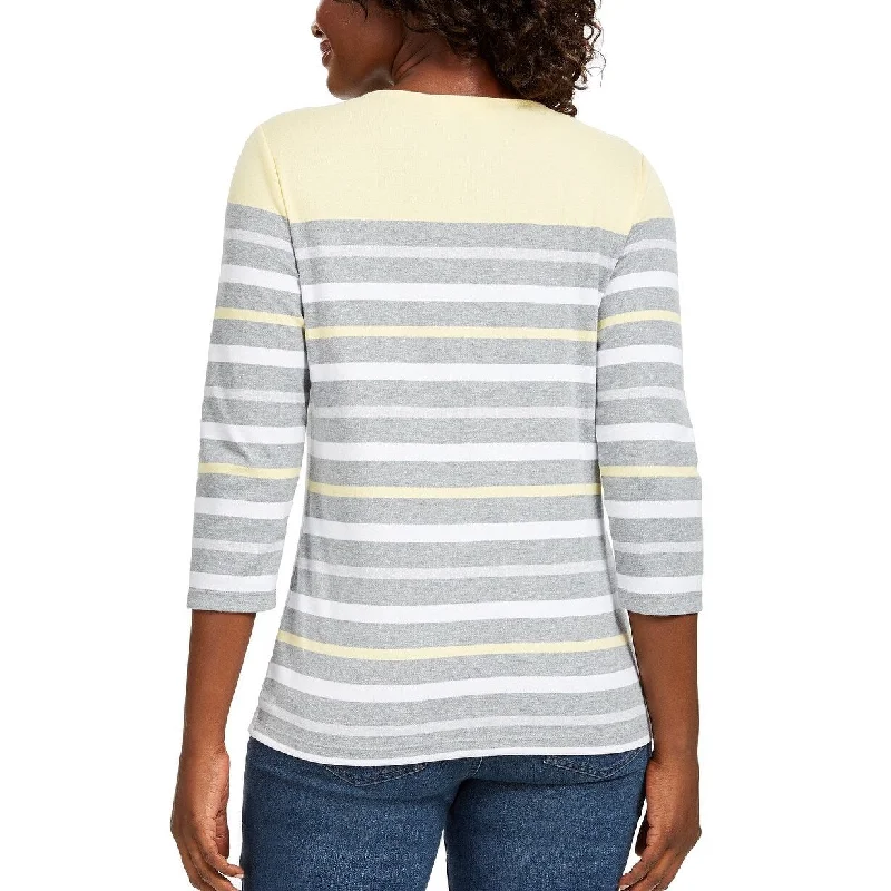 Karen Scott Women's Sport Striped 3/4-Sleeve Top Yellow Size Extar Large