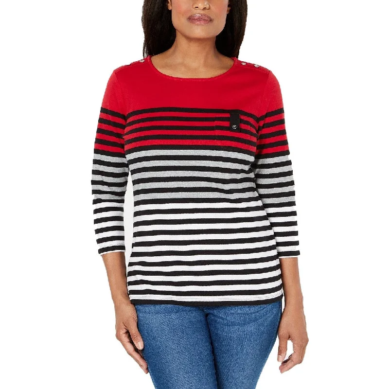 Karen Scott Women's Striped 3/4-Sleeve Top Red Amore Size Large